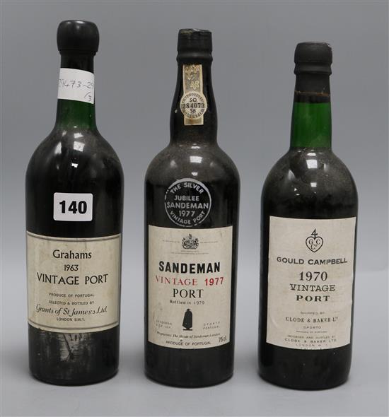 One bottle of Grahams 1963 vintage Port, one Sandeman 1977 and one Gould Campbell, 1970